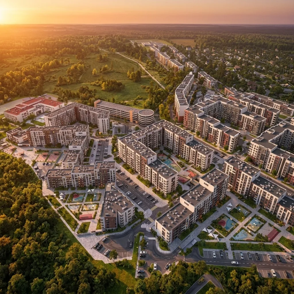 Квартал «Новая Щербинка» с высоты на закате: корпуса у леса